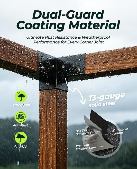 Pergola Kit for 4"x4" Lumber (Actual 3.6"x3.6"), Heavy Duty Steel Pergola Brackets Kit with 3-Way & 4-Way Corner Brackets + 6 Post Bases, DIY Gazebo Hardware Kit for Patio Backyard Garden, 2mm Thick