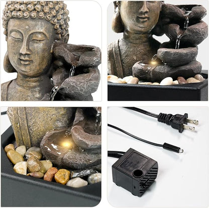 Ferrisland Tabletop Waterfall Fountain Indoor - Buddha Water Fountains 4-Tier Tabletop Waterfall of Zen Meditation Buddha Fountain with LED Warm Light for Office Home and Bedroom Desktop Decor