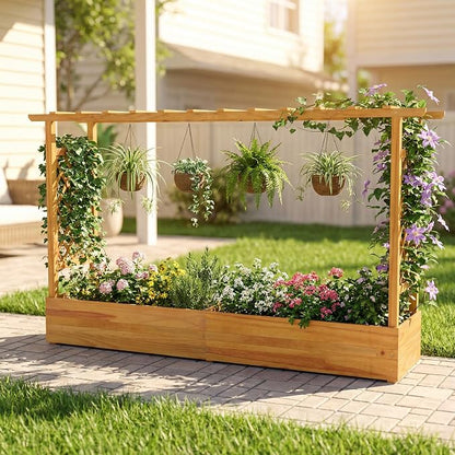 Happygrill 45" Raised Garden Bed with Trellis, Wood Planter Box w/Hanging Roof, 2 Side Trellises, Open-Ended Base for Flower, Climbing Plant, Plant Container for Garden