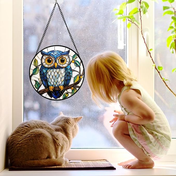 DASTOLL Stained Glass Window Hanging, Owl Gifts for Women Sun Catchers Diamond Glass Panel Hangings Birds Suncatcher Decor for Birthday for Women, Men, Wife, Aunt,and Mom 7.8X7.8IN