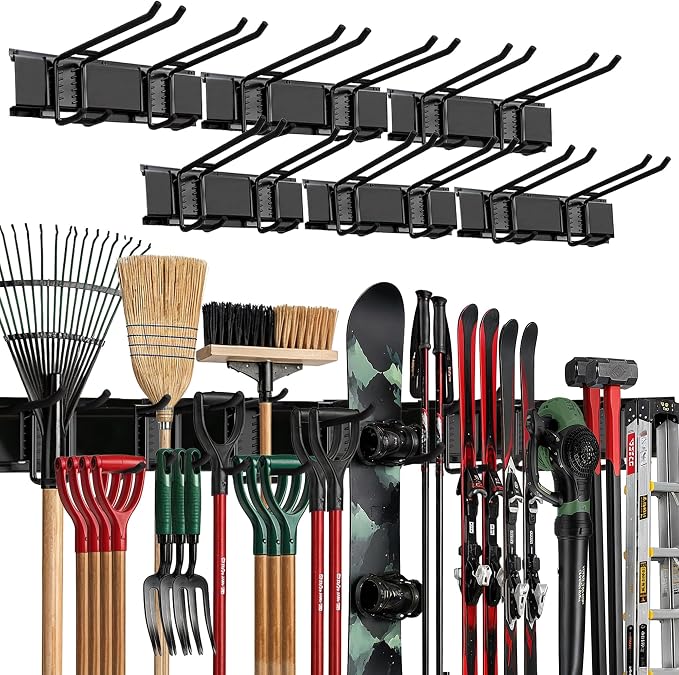 TIDYME Garage Wall Organizer | 96" Heavy-Duty Tool Storage Rack | Adjustable Double-Layer Hooks | 600 lbs Capacity | Carbon Steel Wall Mount Holder for Shovels, Rakes, Ladders & Power Tools