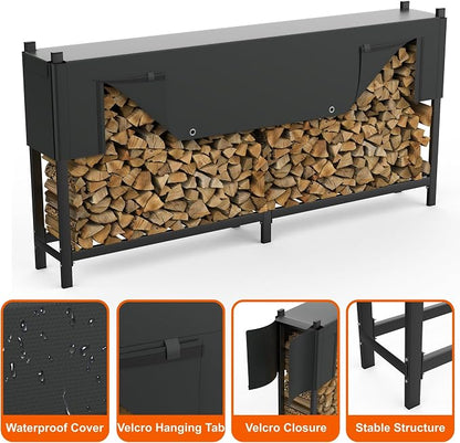 WALMANN Heavy-Duty 8 ft Firewood Rack with Waterproof Cover & Firewood Carry Bag, Outdoor Indoor Wood Log Holder for Fireplace, Patio & Porch, Sturdy Steel Fire Wood Storage Stand