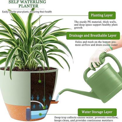 2 Pack 10 inch Plant Pots, Plastic Self Watering Planters with Drainage Holes, Deep Reservoir, Water Level Indicator, Modern Decorative Flower Pots for Indoor Outdoor Plants (Green, 10 inch)