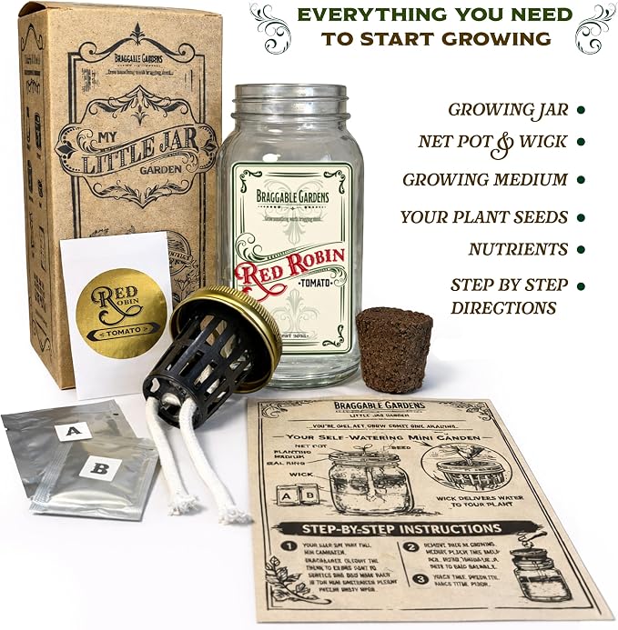 Red Robin Cherry Tomato Indoor Garden Kit – Mason Jar Hydroponic Tomato Grow Kit – Windowsill Countertop Tomato Planter – Grow Tomatoes Indoors