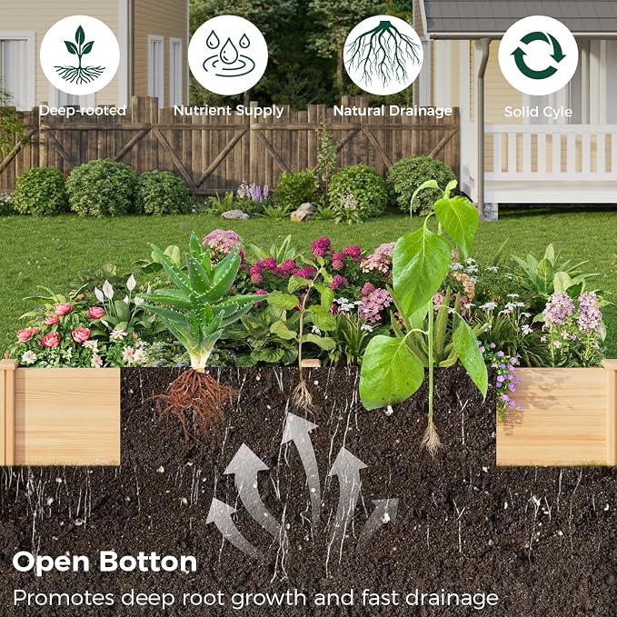 Raised Garden Bed for Outdoor, 8x4 Ft Wood Garden Bed with 15 Inch Depth for Flowers/Vegetables/Herbs in Backyard Patio Outdoor, Open Base Bottom Planter Box
