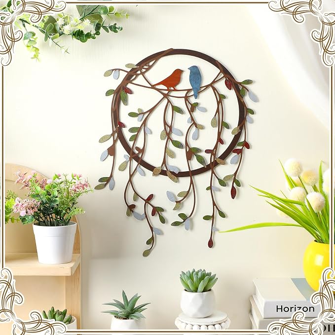 Ferraycle Metal Wall Art Bird on Tree Branch Silhouette with Drooping Vines Bird Art Decor Rustic Metal Spring Decor for Living Room Outdoor Garden Porch Wall Housewarming Party Gift(Classic Color)