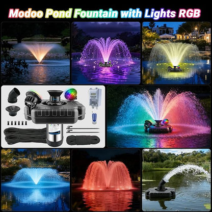 Pond Fountain Aerator with Lights, Dynamic RGB Light 1HP 750W Floating Fountain for Pond Lake, 110V 15000 GPH Fully Automatic Stainless Steel Fountain Pump 100Ft Cord with 2 LED Lights and Nail, Rope