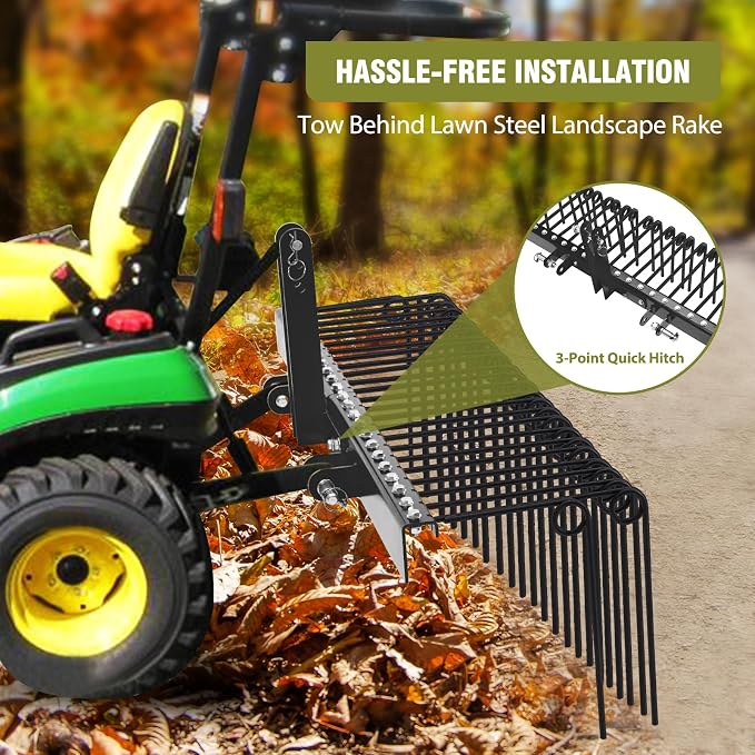 60 Inch Pine Straw Rake, 26 Coil Spring Tines Durable Powder Coated Steel Tow Behind Landscape Rake with 3 Point Hitch Receiver Attachment Fit to Cat0 Cat 1 Tractors for Leaves Grass,Black
