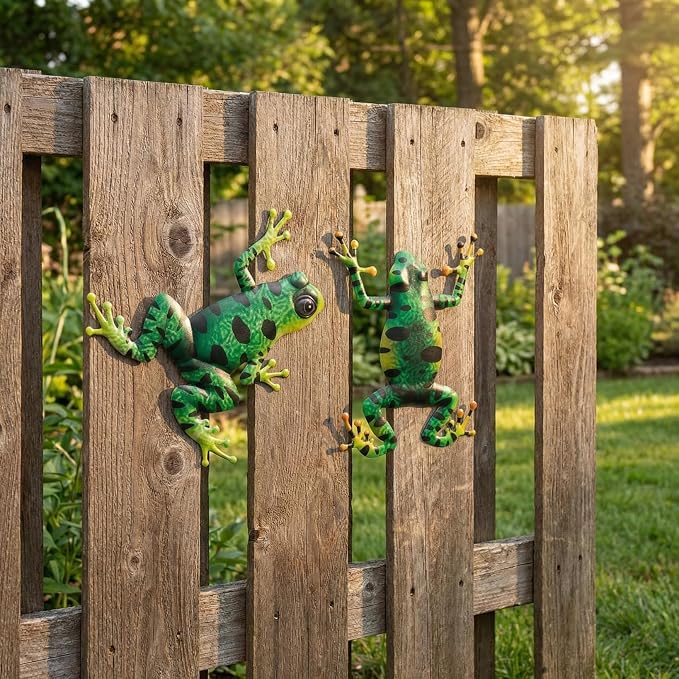 2 PCS Metal Frog Wall Decor, 3D Outdoor Wall Art Sculptures, Iron Animal Hanging Decoration for Garden Patio Fence Yard Living Room and Bedroom - 7.87 x 6.69 Inch