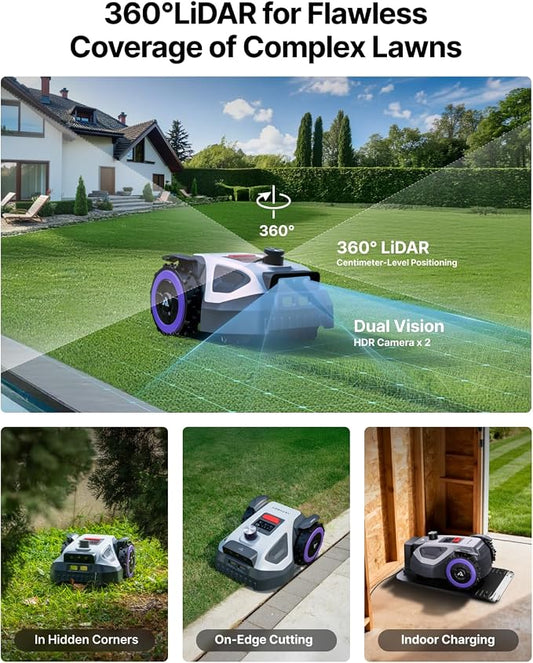 ANTHBOT M5 Lidar Robot Lawn Mower, 360°LiDAR+Vision Perimeter Wire Free 1/4 Acre, Vision Obstacle Avoidance Robotic Lawnmower with Automatic Mapping Zone Division, 45% Slope, App Control