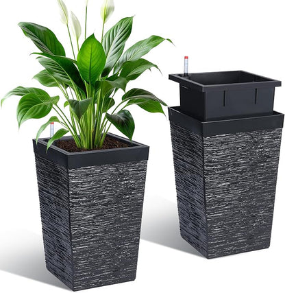 Garvee 16" Tall Planters Set of 2, Self Watering Tall Planters, Outdoor＆Indoor Planter Pots, High Front Porch Planters Pots with Drainage Holes＆Water Level Monitor, Black