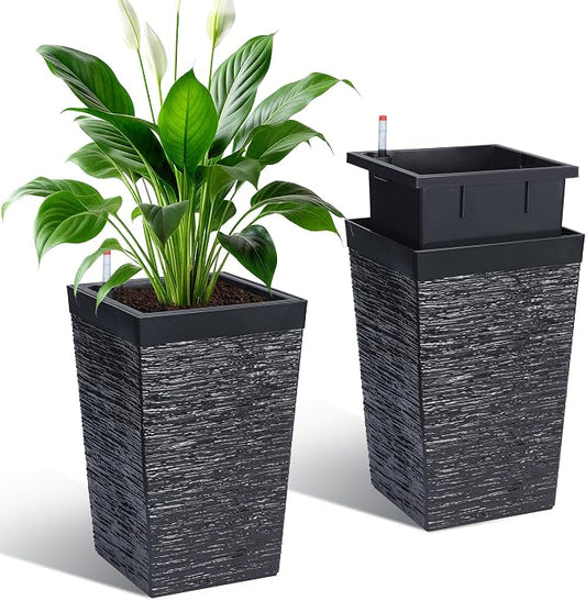 Garvee 16" Tall Planters Set of 2, Self Watering Tall Planters, Outdoor＆Indoor Planter Pots, High Front Porch Planters Pots with Drainage Holes＆Water Level Monitor, Black