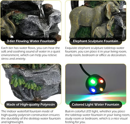 Dyna-Living Elephant Fountain Tabletop Waterfall Fountain Indoor with LED | Colorful Light Water Fountains and Waterfalls with Rolling Ball, Quiet Pump with OFF/ON Switch, Zen Home & Office Desk Décor