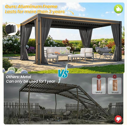 12' x 16' Louvered Pergola, Outdoor Pergola with Curtains & Netting, Aluminum Frame Patio Pergola with Adjustable Louvers Roof & Gutter System, Hardtop Gazebo for Patio, Deck, Garden, Yard, Dark Gray