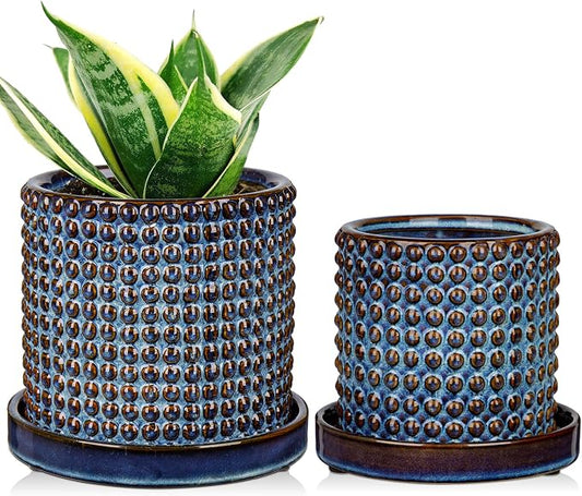 DILATATA Set of 2 Ceramic Planter Pots with Drainage Hole and Saucer, Round Flower Pot Hobnail Modern Planter Pots for Indoor & Outdoor Plants - 4 Inch & 6 Inch, Blue