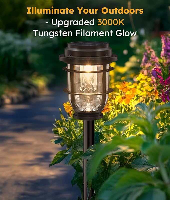 Vuees 8-Pack Solar Pathway Lights, 3-in-1 Design Outdoor Garden Patio Decor | 3000K warm glow, stake, tabletop or hanging setup, no wiring, rain-ready build, walkway, poolside and deck placement
