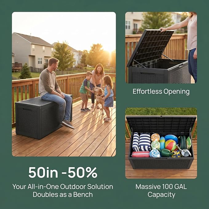 100 Gallon Deck Box, Waterproof Resin Rattan Outdoor Storage Box Lockable for Patio Furniture, Fade Resistant Patio Side Table & Organizer for Garden Tools, Pool Float, Outdoor Cushions, Black