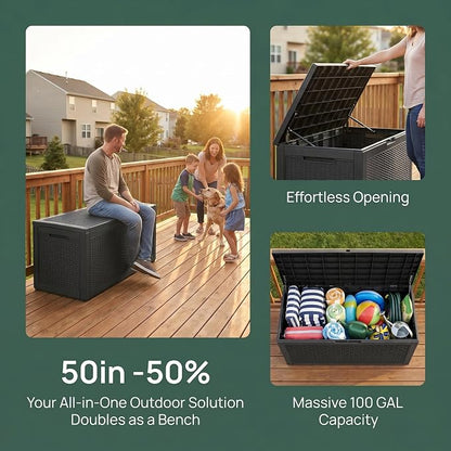 100 Gallon Deck Box, Waterproof Resin Rattan Outdoor Storage Box Lockable for Patio Furniture, Fade Resistant Patio Side Table & Organizer for Garden Tools, Pool Float, Outdoor Cushions, Black