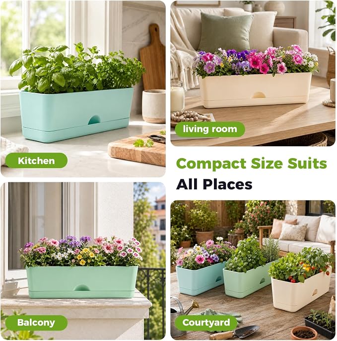 6 Pack Rectangle Planter 16 Inch Window Boxes Planters Rectangular Window Sill Planters Indoor Self Watering Plant Pots with Drainage Holes and Saucers Succulent Herb Flower Pots, Macaron Color