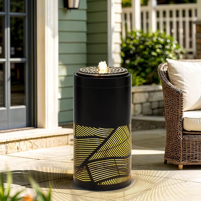 23.6" Outdoor Water Fountain with LED Lights, Metal Cutout Geometric Patterns Modern Garden Fountain with Pump, Soothing Cascading Water Flow for Patio, Deck, Porch Décor