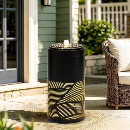 23.6" Outdoor Water Fountain with LED Lights, Metal Cutout Geometric Patterns Modern Garden Fountain with Pump, Soothing Cascading Water Flow for Patio, Deck, Porch Décor