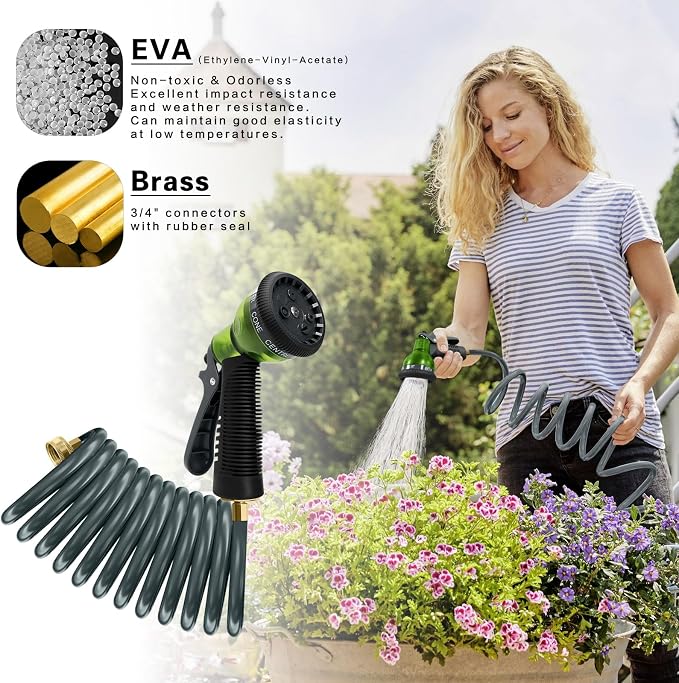 Coil Hose 10FT EVA Coil Garden Hose With 3/4'' Brass Connector Coiled Water Hose Lightweight And No Kink Includes 7 Patterns Spray Nozzle For Outdoors Lawn Watering Car Washing