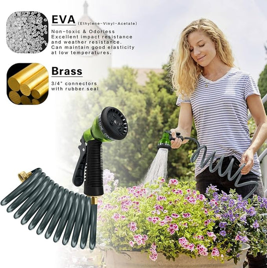 Coil Hose 10FT EVA Coil Garden Hose With 3/4'' Brass Connector Coiled Water Hose Lightweight And No Kink Includes 7 Patterns Spray Nozzle For Outdoors Lawn Watering Car Washing