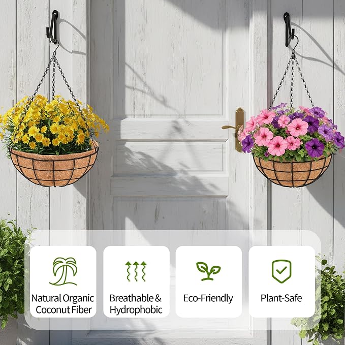 16 inch Hanging Baskets for Plants Outdoor, 4 Pack Large Hanging Planters for Outdoor Plants, Round Wire Hanging Flower Pots with Coconut Coir Liners for Garden, Deck, Porch, Balcony