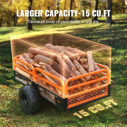 VEVOR ATV UTV Trailer Tow Behind Dump Cart | 1500lbs Capacity, 15 Cubic Feet, Heavy Duty, For Lawn Mower Tractor, Yard Garden Use
