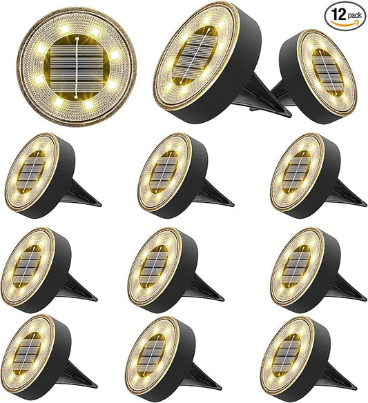 Joomer Solar Ground Lights Outdoor Waterproof, 12 Pack 8 LED, Warm White | Solar Powered Garden Lights Disc Landscape Lighting Outdoor for Patio Pathway Lawn Yard Driveway Walkway outside