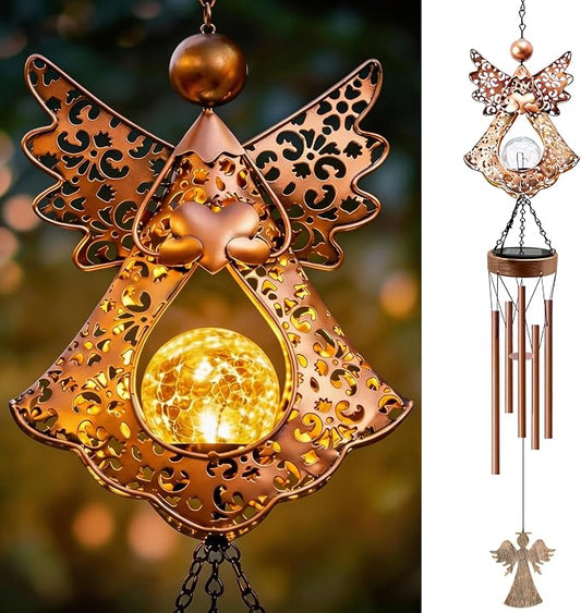 Angel Solar Wind Chimes for Outside: Metal Outdoor Memorial Decor | Easy Hanging for Garden Patio Tree Window - Melodious Birthday Gifts for Women Mom Grandma