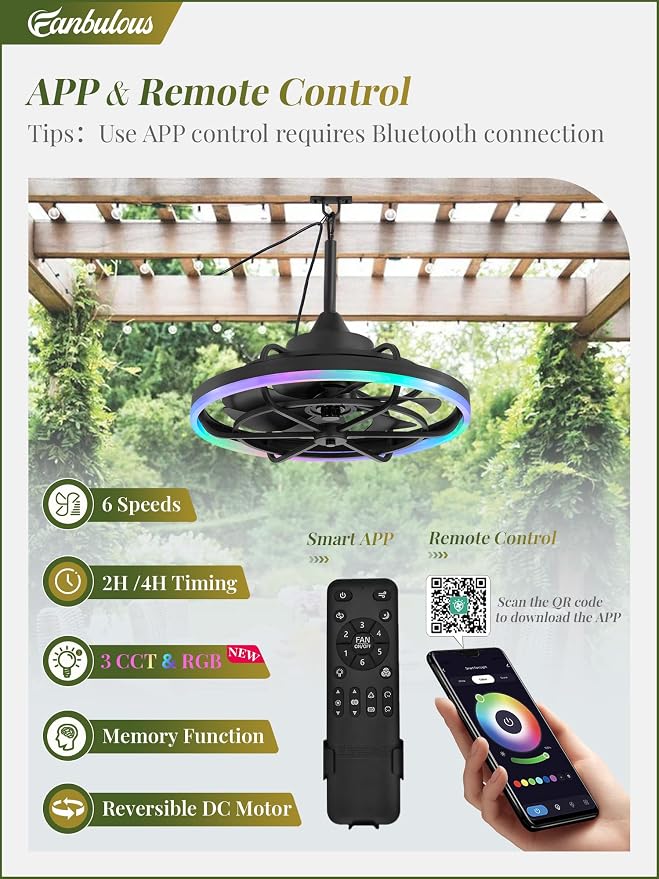 Fanbulous Outdoor RGB Ceiling Fans with Light for Patios, 20" Waterproof Plug in Ceiling Fan, Gazebo Fan Remote&APP Control, 3CCT Dimmable,Caged Ceiling Fan with Hanging Hook for Porch, Pergola
