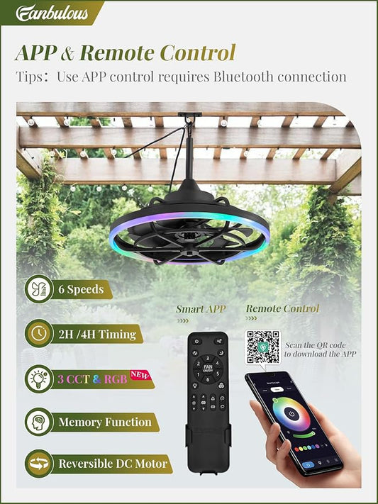 Fanbulous Outdoor RGB Ceiling Fans with Light for Patios, 20" Waterproof Plug in Ceiling Fan, Gazebo Fan Remote&APP Control, 3CCT Dimmable,Caged Ceiling Fan with Hanging Hook for Porch, Pergola