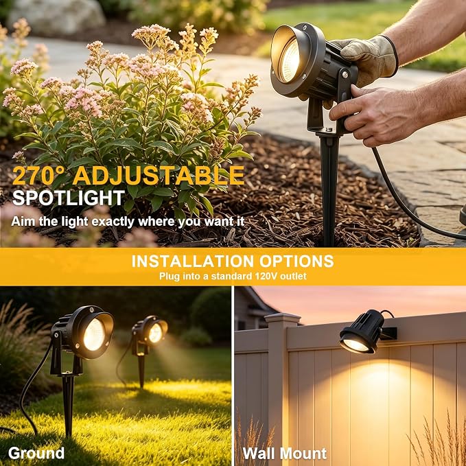 Romwish 12 Pack LED Landscape Spotlights, 120V Plug-in Outdoor Lighting | 12W 1200LM Brightness with 3000K Warm White, IP65 Waterproof, Adjustable head & 60° Beam for Tree Garden Pathway Yard