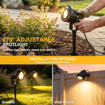 Romwish 12 Pack LED Landscape Spotlights, 120V Plug-in Outdoor Lighting | 12W 1200LM Brightness with 3000K Warm White, IP65 Waterproof, Adjustable head & 60° Beam for Tree Garden Pathway Yard
