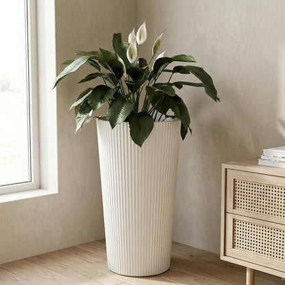 24" H Tall Planters for Outdoor Plants, 2 Pack Large Outdoor Planters for Front Porch Decor with Drainage Hole, Plastic Striped Flower Pots Fits Indoor Plants Patio Garden, Black