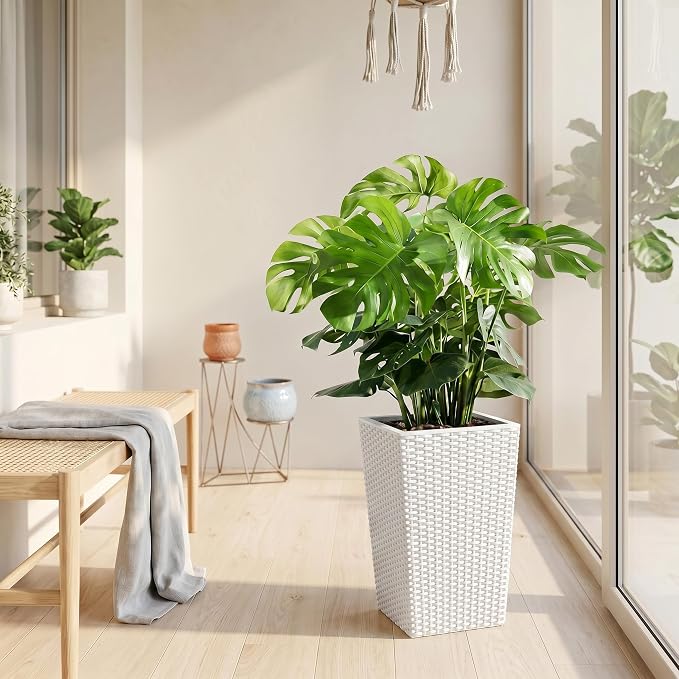 Garvee 16 Inch Outdoor Planters, Set of 2 Tall Planters, White Large Planters for Indoor Outdoor Plants, Flower Pots with Drainage & Water Level Window for Porch, Patio & Balcony