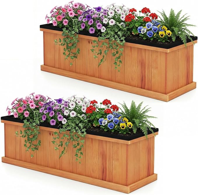 Giantex Raised Garden Beds, Set of 2, Outdoor Wooden Planter Boxes | Removable Bottom Panels, Drainage Holes and Bed Liners for Vegetables, Herbs and Flowers