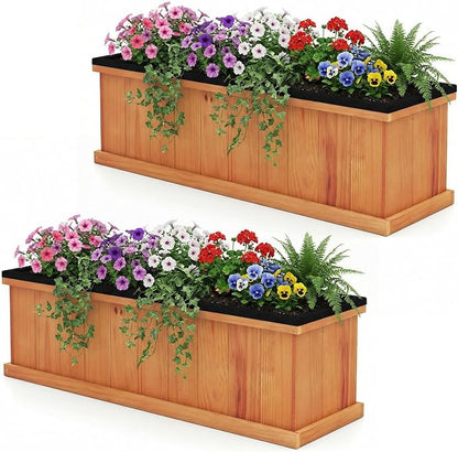Giantex Raised Garden Beds, Set of 2, Outdoor Wooden Planter Boxes | Removable Bottom Panels, Drainage Holes and Bed Liners for Vegetables, Herbs and Flowers