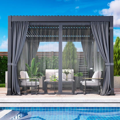10' x 12' Louvered Pergola, Outdoor Pergola with Curtains & Netting, Aluminum Frame Patio Pergola with Adjustable Louvers Roof & Gutter System, Hardtop Gazebo for Patio, Deck, Garden, Yard, Dark Gray
