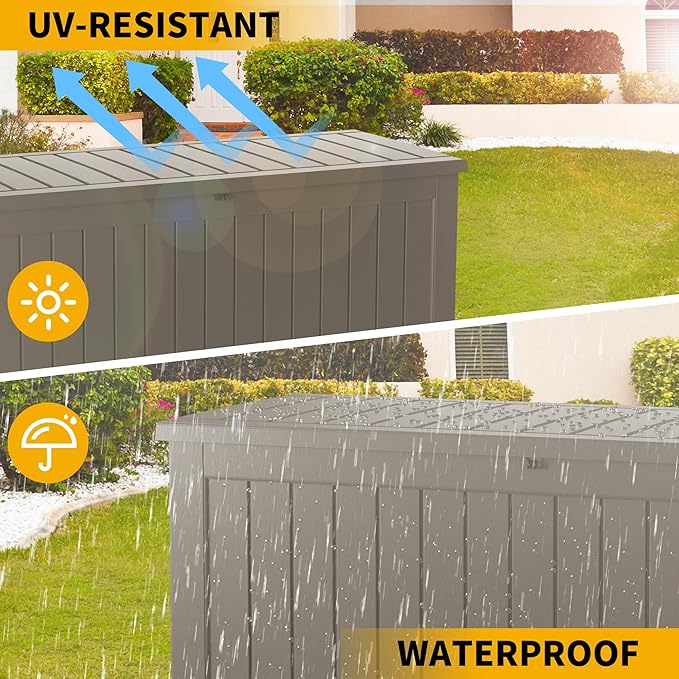270 Gallon Outdoor Storage Box Waterproof, Lockable Resin Deck Box Large Storage Bin for Patio Furniture Cushion, Garden Tools, Pool Accessories, UV-Resistant Outside Delivery, Gray