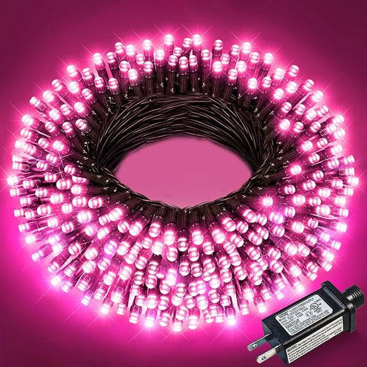 Pink Christmas Lights Outdoor, 66FT 200 LED Plug in Christmas Tree Lights Waterproof, 8 Modes Connectable String Lights for Outside Bedroom Home Patio Yard Holiday Decorations