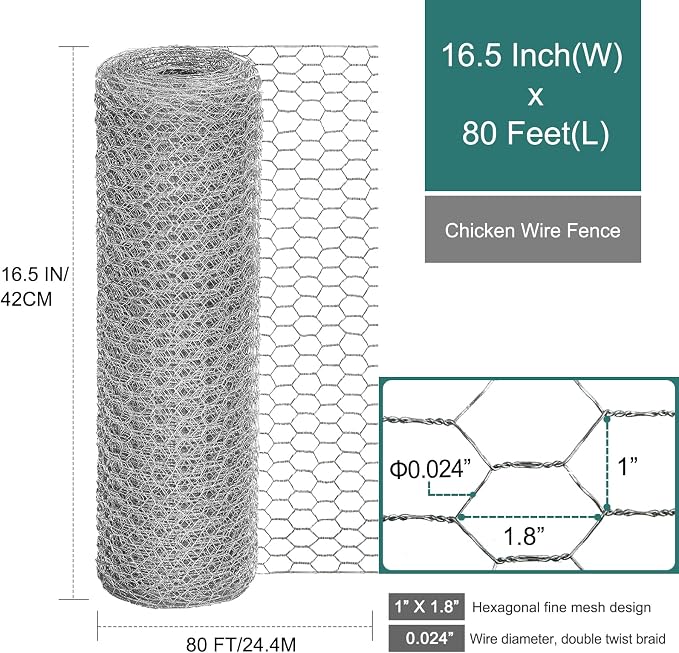 Chicken Wire Fencing, 16.5 Inch x 80 Feet Chicken Wire Mesh Roll for Garden Plants, 1 Inch Mesh Hexagonal Galvanized Metal Poultry Wire Netting for Chicken Coop Rabbit Dogs Barrier