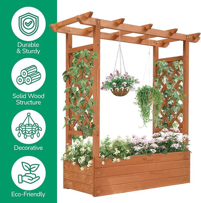 Vasitelan Raised Garden Bed with Trellis, Wooden Elevated Planter Box w/Drainage Holes & Removable Bottom Panels for Climbing Vine Flower, Indoor Outdoor Wood Planter for Yard Patio (Wood Color)