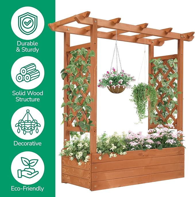 Outvita Raised Garden Bed with Trellis, Wood Planter Box with Hanging Roof, Side Trellis and Drainage Holes, Above Ground Elevated Garden Bed for Outdoor Climbing Plants Vines Vegetables (Teak Color)