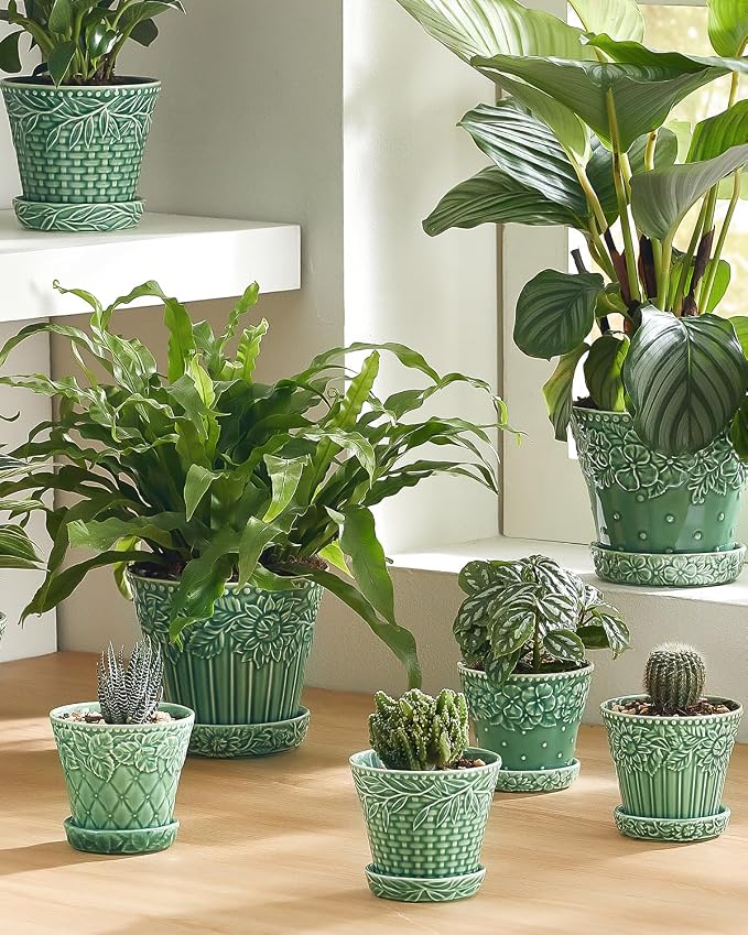Metahom Succulent Ceramic Pots, 3.8 Inch Small Plant Pots with Drainage Hole & Saucer, Flower Planter Pot for Indoor Plants Cacti, Home Decor, Set of 4, Green