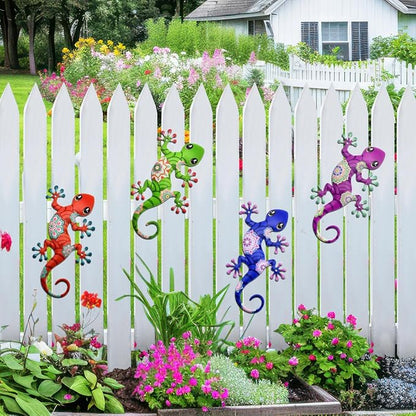 Metal Gecko Outdoor Decorations - 4 Pcs 9.5'' Metal Lizards Wall Art Hanging Sculpture Decoration for Garden Yard Fence Porch Exterior Wall Decor