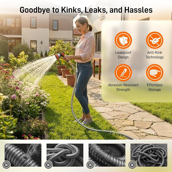 Garden Hose, 50ft 5/8" Stainless Steel Water Hose w/ 10-Mode Spray Nozzle, On/Off Valve, 523 PSI Burst, Anti-Kink, Lightweight All-Weather Flexible, Leakproof 3/4" Brass Male to Female Fittings