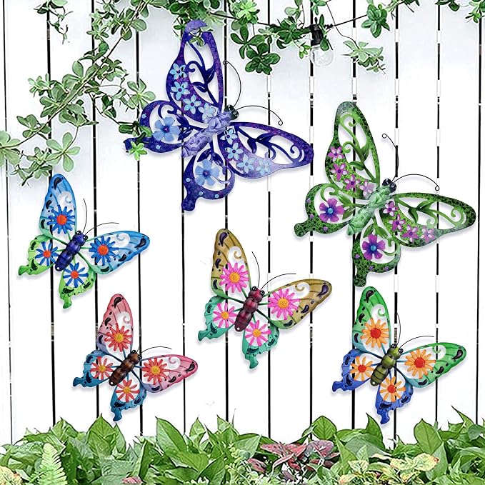 SUNREEK 6Pcs Metal Butterfly Wall Decor, 14Inch/9Inch Outdoor Butterfly Wall Art for Fence Garden Yard Room Patio Balcony Decorations