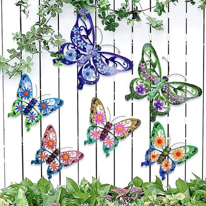 SUNREEK 6Pcs Metal Butterfly Wall Decor, 14Inch/9Inch Outdoor Butterfly Wall Art for Fence Garden Yard Room Patio Balcony Decorations